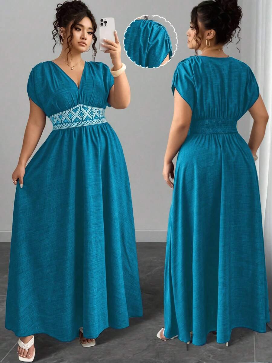 Elenzga Plus Size Women's Casual Maxi Dress With Waist Embroidery, Paisley Pattern Bohemian Style Deep V-Neck, Ruched Shoulder, Cinched Waist, Slimming & Elegant For Outing, Afternoon Tea, Party, Daily, Vacation