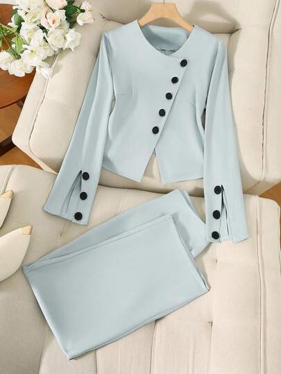 GlowEve 1 套：蓝色交叉长袖优雅衬衫 - 蓝色修身直筒优雅女裤