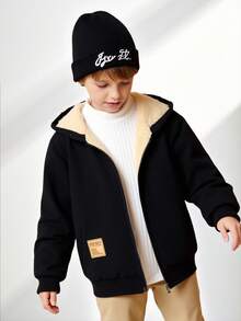 SHEIN Genkimix Kids 1 件休闲学院风可爱简约纯色连帽羊毛夹克，适合日常穿着、上学、郊游、户外活动、秋冬