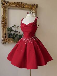 Lovelzi Elegant, Luxurious, Noble, Palace-Style White Satin Strapless Draped Neckline Mermaid Silhouette Dress With Pearl Decor, Flared Hem, Suitable For Bachelorette Party, Wedding, Graduation, Vacation, Bridal Shower