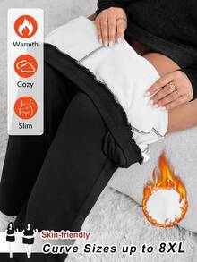 SHEIN CURVE+ Quần ống đứng lót len ấm áp mùa đông cho nữ cỡ lớn - màu đen - Xem 1