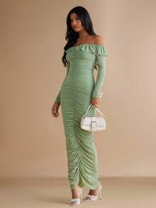 Silquee 鼠尾草绿色飘逸荷叶边露肩长袖优雅连衣长裙，性感别致，适合浪漫约会、派对、情人节、日常穿着、休闲外出、夜总会、派对、鸡尾酒会、泳池派对、学校季节、节日、女士连衣裙、婚礼、海滩活动、夜间外出和聚会 - 薄荷綠 - 查看 4