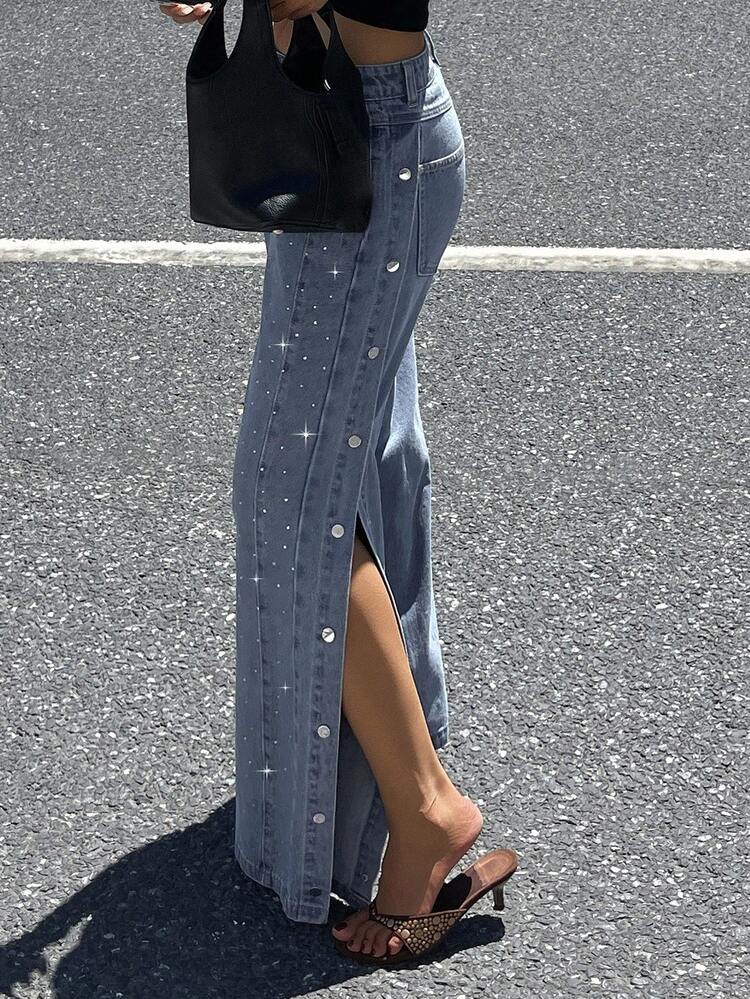 Women's Flashy Fashion Side Button Slit Denim Jeans
