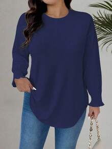 EMERY ROSE Áo sơ mi dệt kim cổ tròn tay dài thường ngày cỡ lớn dành cho nữ - Màu xanh hải quân - Xem 4