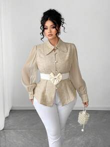 Elenzga Plus Size Women Fashion Elegant Waist Cinched Mesh Patchwork Slim Fit Blouse - Khaki - View 5