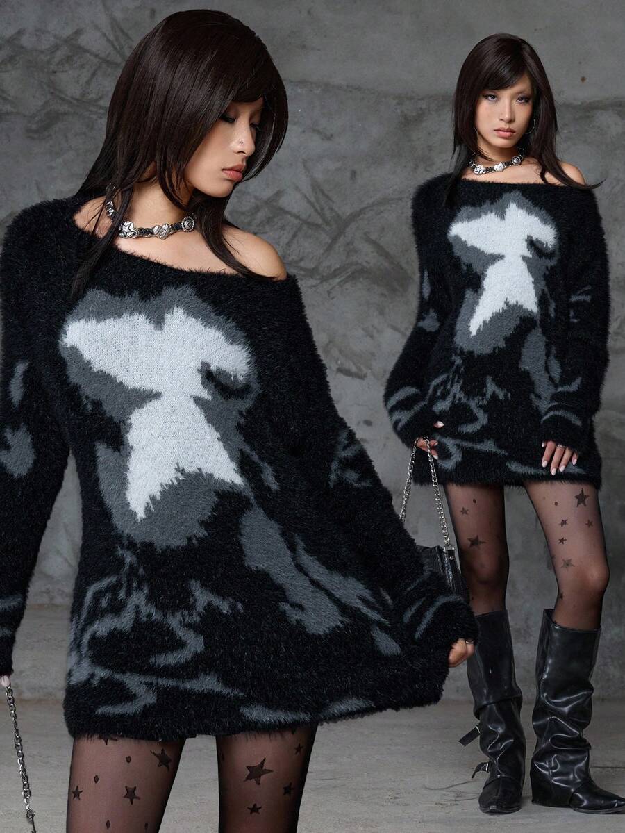 SHEIN Unity Women's Oversized Casual Crew Neck Long Sleeve Jacquard Mohair Knit Pullover Sweater,Black,Autumn,Basic,Street Wear Y2k,Night Out,Halloween - Black - View 1