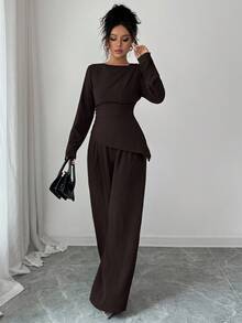 SHEIN Raffinéa 2 件女士纯色卷边不对称下摆长袖套装女士棕色两件套裤子套装长袖两件套女士棕色两件套女士 - 棕色 - 查看 7