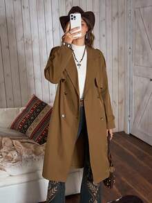 女士复古经典双排扣翻领系腰休闲中长款风衣，LanaWest - 棕色 - 查看 1