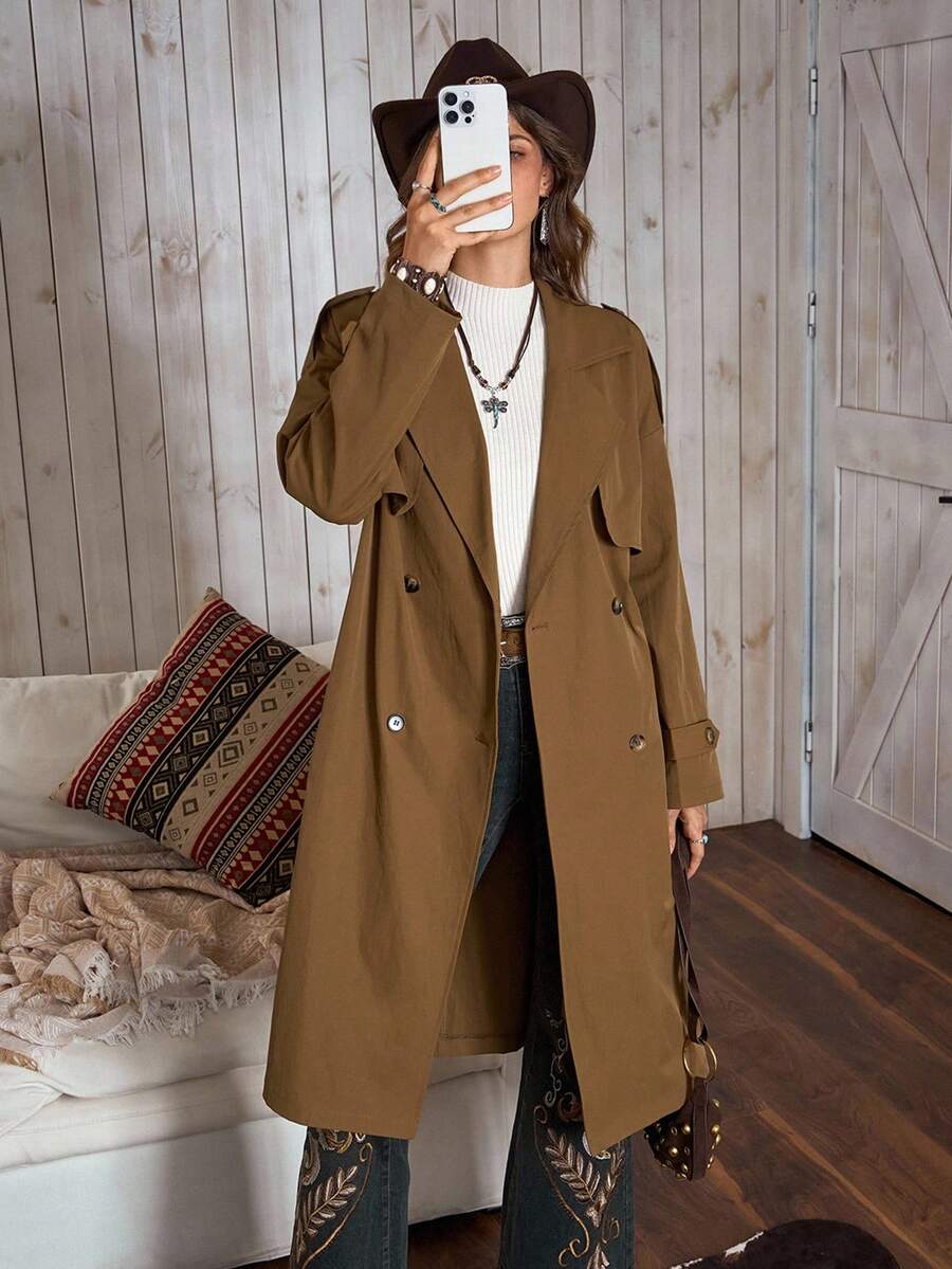 女士复古经典双排扣翻领系腰休闲中长款风衣，LanaWest - 棕色 - 查看 1