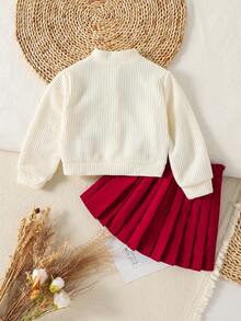 Elladie kids 女童可爱休闲日常针织开衫外套，搭配装饰配饰，搭配红色半身裙，秋冬季开学季两件套。华夫格纹理，宽松舒适设计，适合春秋季节、日常通勤、户外玩耍和社交活动。 - 彩色 - 查看 3