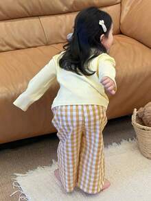 DAZY 2 Stücke/Set Kleinkind Mädchen Lässig Rundhals Langarm Top und karierte locker sitzende Hose Pyjama Set