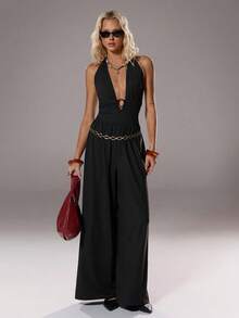 SHEIN Unity 1 Stück Damen Bodycon Jumpsuit, Schwarz, Frühling/Sommer, Büro & Party, gestrickt dehnbar locker, tiefer V-Ausschnitt rückenlos ausgeschnitten, elegant & sexy, geeignet für Alltag, Büro, formelle Anlässe - Schwarz - Übersicht 7