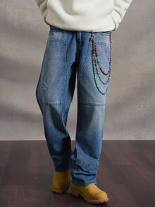 PAVTROS Manfinity Streetrush Casual Distressed Straight Leg Washed Blue Jeans With Knee Holes, Suitable For Spring And Autumn Unisex GenZ Vintage Washed Blue For Straight Leg Street Halloween All Saints' Day