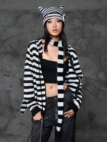 Bloopia Sudadera con capucha de punto estilo coreano casual con rayas jacquard y decoración de orejas de conejo, ajuste holgado, adecuada para mujeres en otoño/invierno y Halloween