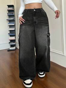 Dripcurv Plus Size Casual Loose Straight Leg Jeans, Blue Jeans Wide Leg Cargo Jeans For Women