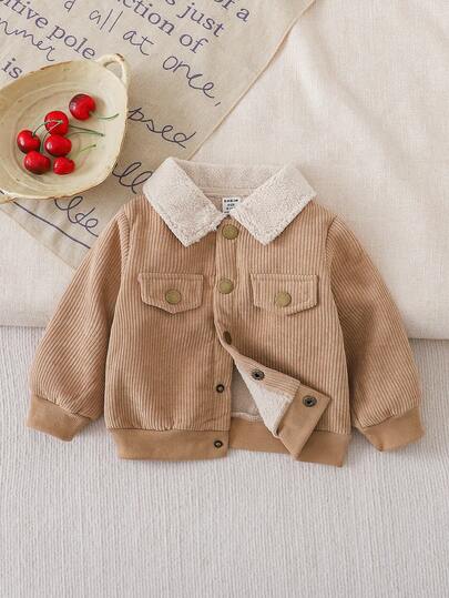 SHEIN Baby Boy Casual Flap Pocket Thermal Lined Jacket, Suitable For Autumn/Winter Fall