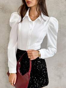 SHEIN Unity 女式修身羊腿袖衬衫，纯色，长袖上衣 - 白色 - 查看 1