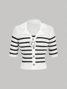 SHEIN MOD 女式黑白条纹花卉中袖针织上衣，秋冬复古针织衬衫 - 黑與白 - 查看 2