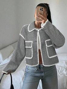 SHEIN EZwear 女士休闲撞色短款外套，秋冬季 - 淺灰色 - 查看 4