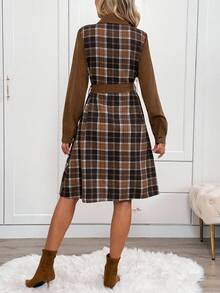 SHEIN LUNE 女式休闲格子腰带长袖衬衫裙秋季连衣裙秋季连衣裙咖啡棕色连衣裙大地色连衣裙棕色女装秋季女装女装冬季女装秋季女装女装优雅商务休闲女装棕色女式工作服棕色连衣裙冬季连衣裙女式格子连衣裙 - 彩色 - 查看 2