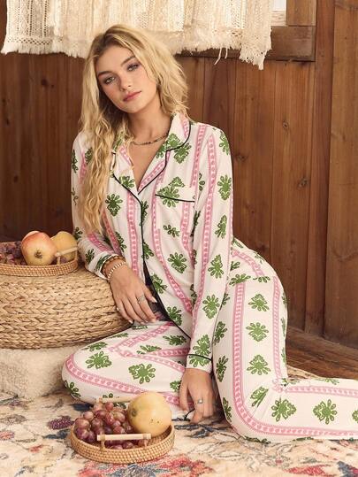 Lullawish Bohemian Ribbed Knit Women Pajama Set, Fall Clothes