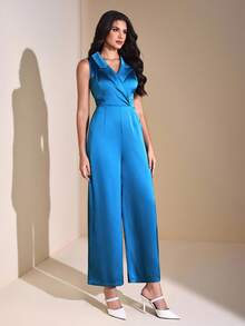 JIAN LASALA Peak Lapel V Neck Sleeveless Wide-Leg Solid Satin Jumpsuit Women Autumn Elegant Wear Women Jumpsuits Blue Jumpsuit For Women Sleeveless Jumpsuit Teal Jumpsuit Wide Leg Jumpsuit Women Jumpsuits Flare Jumpsuit Royal Blue Jumpsuit Winter Wedding Guest Luxury Stylish Clothing Collection Bachelorette Party Prom Jumpsuits - Teal Blue - View 3