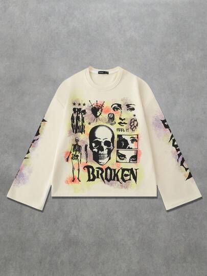 Street Life Men's Letter & Skull Print Crew Neck Loose Casual Long Sleeve T-Shirt, Fall