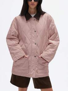 厚尼龙和灯芯绒领钻石绗缝加厚工作服夹克 - 粉色 - 查看 5