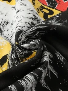 ROMWE MEN Street Life 男士撞色袖子拼布印花宽松短款T恤，秋季 - 黑色 - 查看 4