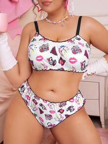 Mean Girls | SHEIN 大码全身印花褶饰吊带背心文胸和内裤套装 - 白色 - 查看 1