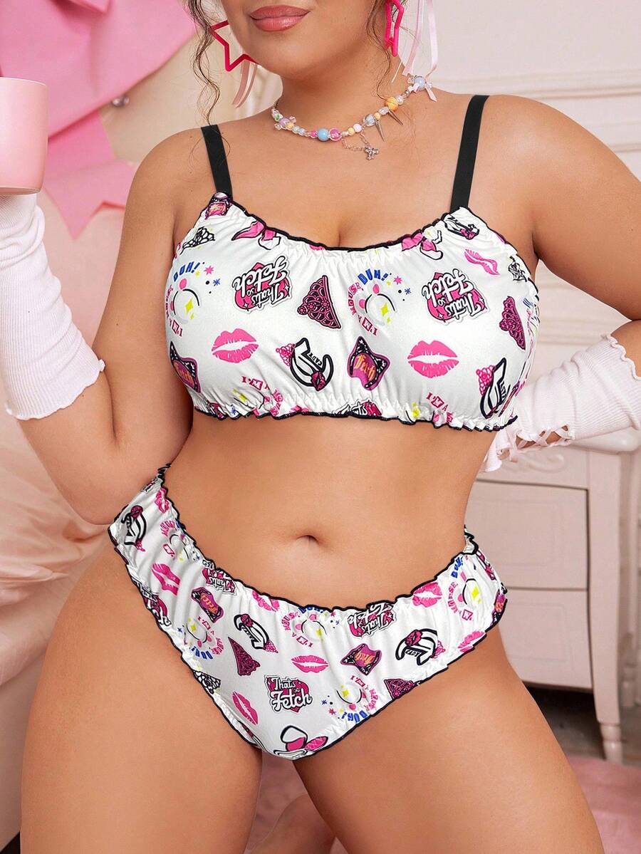 Mean Girls | SHEIN 大码全身印花褶饰吊带背心文胸和内裤套装 - 白色 - 查看 1