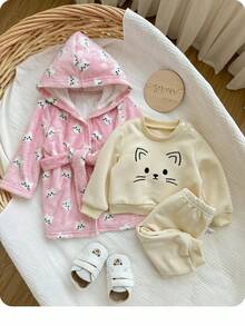 SHEIN 3pcs Newborn Baby Girls Cute Cartoon Kitten Embroidered Plush Homewear Set,Autumn Robe Long Sleeve Suit,Red And White Polka Dot,Family Matching - Multicolor - View 7