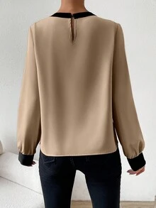 RosyDaze Camisa de manga larga minimalista con ribete de contraste para uso casual y diario de mujeres - Caqui - Ver 2