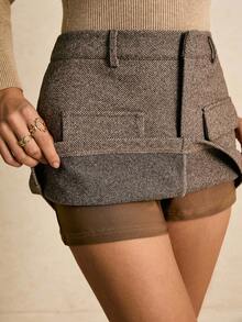 Poéselle Women's Skirts, Pants Lining, Decorative Pocket Covers, Women's Bottoms, Brown Skirts, Tweed Skirts Women's High Waist Striped Shorts With Lining, Elegant Skirt Fall/Winter Fall Clothes For Women Fall Outfits For Women Autumn Clothes For Women - Brown - View 1