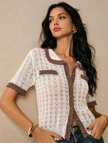 Poéselle Áo thun tay ngắn cổ polo màu tương phản dành cho nữ vào mùa thu/đông - Lạc đà - Xem 3