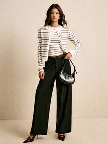 Poéselle 女士条纹长袖针织开衫和无袖针织上衣休闲两件套，秋季 - 灰色 - 查看 7