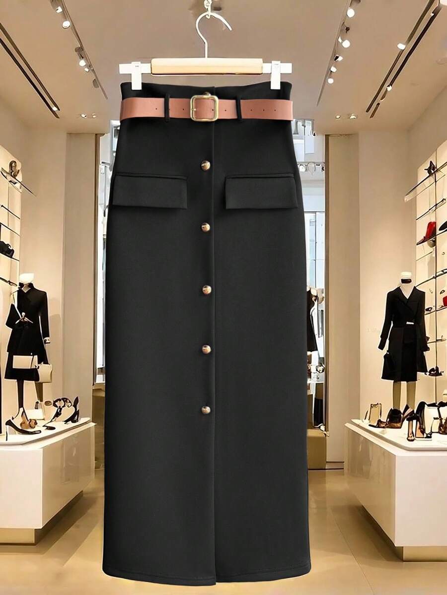 Franclia Women's New Fashion Gold Button Decor A-Line Skirt With Belt - Black - View 1