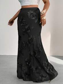 Firerie 大码女式花卉提花松紧腰鱼尾下摆优雅半身裙 - 黑色 - 查看 3