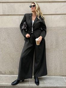 Auralis Plus Size Women Solid Color Lapel NeckLong Sleeve Jacket And Pants Casual Suit Set, Autumn Fall/Winter - Black - View 1