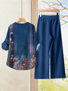 SHEIN LUNE 2 件套女士休闲复古花卉 V 领衬衫和宽松裤子套装，适合秋夏季 - 藏蓝色 - 查看 2