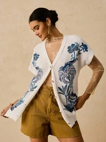 Travachic Plus Size Women Casual Printed Short Sleeve Button Front Loose Cardigans In Fall/Winter - Beige - View 3