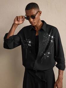 AKNOTIC Men's Halloween Spider Web Rhinestone Decor Black Long Sleeve Casual Shirt, Loose Fit, Boyfriend Gift, Fall