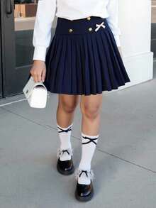 Sparklyn 女孩优雅法式时尚甜美可爱蝴蝶结休闲运动通勤百搭褶皱 A 字迷你裙，适合返校、度假、旅行、四季