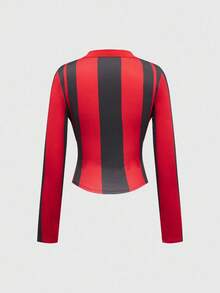 ROMWE Street Life Atasan Wanita Model Vintage Garis-Garis Hitam & Merah dengan Kerah Balap dan Potongan Ketat - MultiWarna - View 2