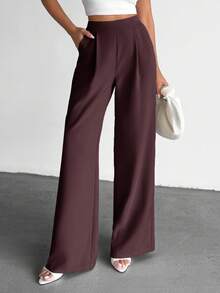 EURMUSE Women's Solid Color High Waist Pleated Wide Leg Loose Casual Pants For Work - Brown - View 5