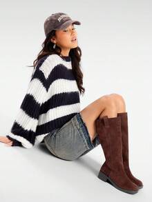 Solezae Women Everyday Casual Comfortable Round Toe Chunky Heel Knee-High Boots - Chocolate Brown - View 5