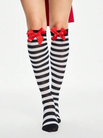 Kawaii 1 Pair Fashionable Holiday Attire Black & White Striped Big Bow Decor Women Mid-Calf Socks