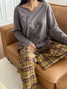 DAZY 2 件套女士宽松文字印花长袖上衣和格子裤睡衣套装，秋季服装 - 灰色 - 查看 4