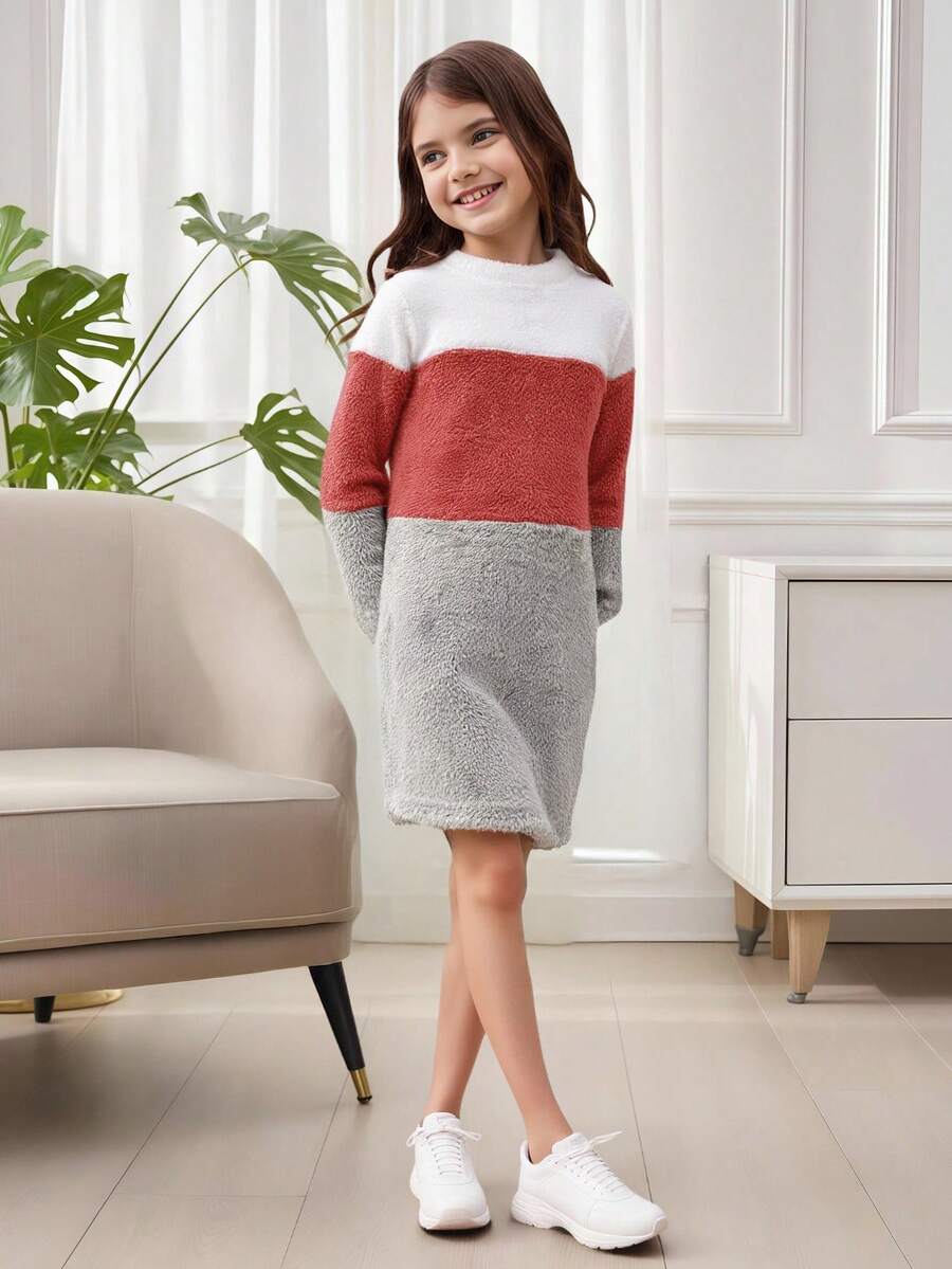 Tween Girl Double-Faced Fleece Color Block Long Sleeve Dress With Fuzzy Hat, Fall/Winter - Multicolor - View 1