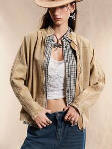 Easelle Women's Plaid Batwing Sleeve Zip-Up Casual Denim Jacket, Autumn Western Jacket Women Boho Western Tops Cowboy Shirts Women Women Western Tops Western Shirts For Women Women Western Clothing Cowboy Shirt Women Women Western Jacket